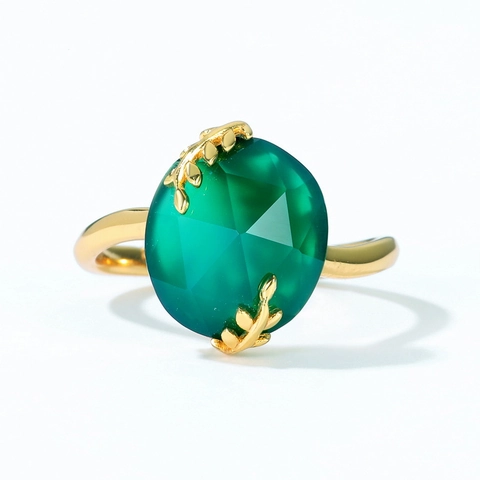 925 Sterlingsilber Gold Plattiert Grüner Achat Ring Vintage Blatt Verstellbar Offener Ring Botanischer Schmuck Für Damen