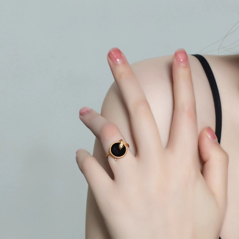 S925 Sterling Silver Snake Ring With Black Onyx Moss Agate Adjustable Open Ring Green Rhinestone Eye Retro Women Jewelry