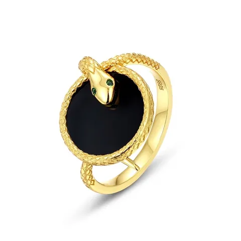 S925 Sterling Silver Snake Ring With Black Onyx Moss Agate Adjustable Open Ring Green Rhinestone Eye Retro Women Jewelry