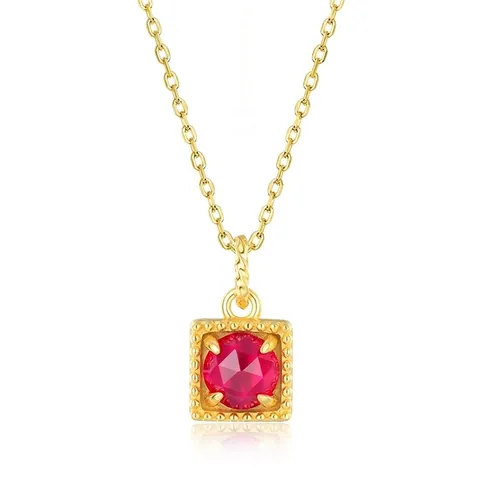 925 Sterlingsilber Roter Korund Anhänger Kette Geometrisch Vintage Palast Stil Gold Plattierter Schmuck Für Damen