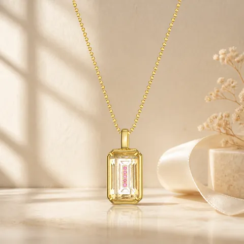 925 Sterlingsilber Smaragd-Schliff Weißer Kristall Moosachat Anhänger Kette Vergoldet Geometrischer Modeschmuck Für Damen