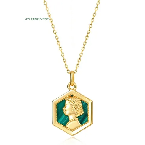925 Sterling Silver Malachite Hexagon Queen Head Relief Pendant Necklace For Women Vintage Electroplated Jewelry Gift
