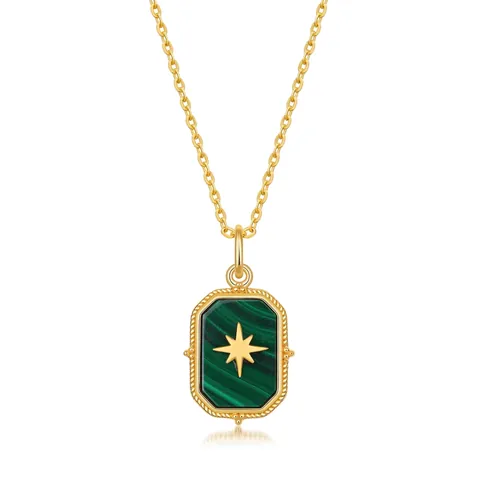 925 Sterling Silver Malachite Pendant Necklace For Women Retro Geometric Square Malachite Star Charm Necklace Gold Plated Jewelry Gift