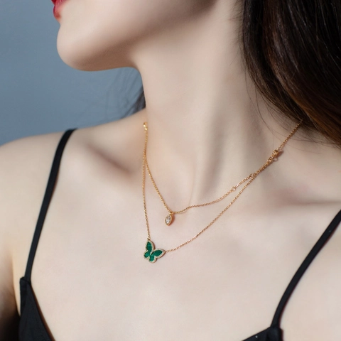925 Sterling Silver Butterfly Malachite Necklace For Women Double Layer Gold Plated Rhinestone Pendant Necklace Jewelry Gift
