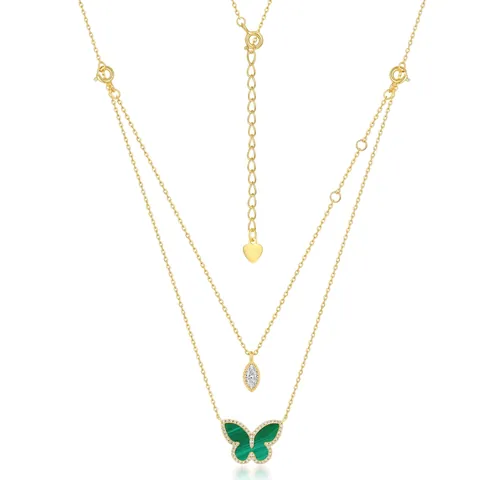 925 Sterling Silver Butterfly Malachite Necklace For Women Double Layer Gold Plated Rhinestone Pendant Necklace Jewelry Gift