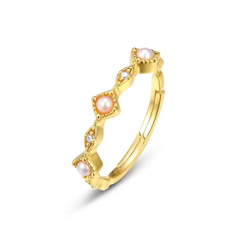 Anello Giapponese Elegante in Argento Sterling 925 Placcato Oro 10K con Perla d'Acqua Dolce e Zirconia Anello Aperto a Onda Regolabile Gioielli Donna