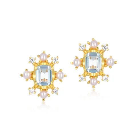 S925 Sterling Silver Natural Blue Topaz Stud Earrings Vintage Star Artificial Pearl Rhinestone Gold Plated Jewelry Women