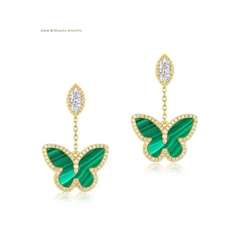 925 Sterlingsilber Vergoldet Schmetterling Ohrstecker Naturmalachit Zirkonia Eingelegt Japanischer Stil Schmuck Für Damen