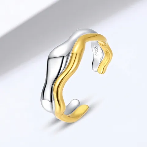 Bague Ondulée Irrégulière en Argent Sterling S925 pour Femme Minimaliste Bicolore Or Argent Anneau Ouvert Ajustable Bijoux