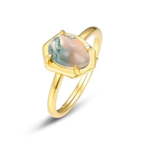 Anello Aperto Regolabile in Argento Sterling 925 con Agata Muschiata Esagonale Geometrico per Donna Gioielli da Dito Retrò Placcato Oro