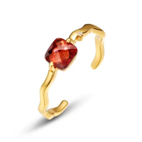 925 Sterling Silver Open Adjustable Ring For Women 10K Gold Plated Square Red Garnet Geometric Wave Band Fashion Jewelry
