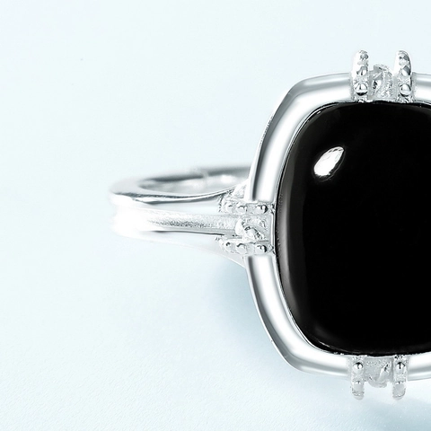 Anello in Argento Sterling 925 Minimalista Con Onice Nero Taglio Cushion Geometrico Fascia Aperta Regolabile Gioielli alla Moda da Donna