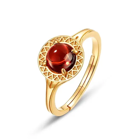 Anillo de Granate de Plata de Ley S925 Estilo Palacio Vintage Geométrico Chapado en Oro de 10K Anillo Abierto Ajustable Joyería para Mujer