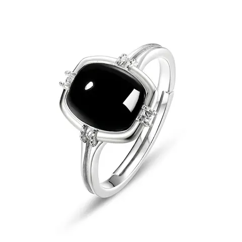 Anello in Argento Sterling 925 Minimalista Con Onice Nero Taglio Cushion Geometrico Fascia Aperta Regolabile Gioielli alla Moda da Donna