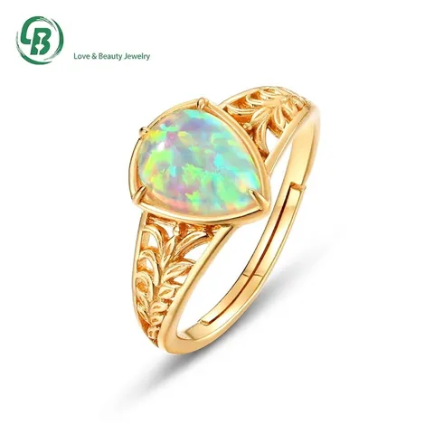 Bague Ouverte en Argent Sterling 925 Vintage pour Femme Réglable Plaqué Or Opale Synthétique Forme de Poire Motif de Feuille