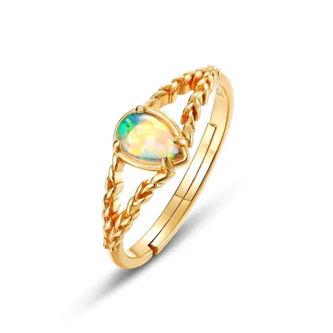 Vintage 925 Sterlingsilber Vergoldeter Synthetischer Opal Ring Birnenschliff Geflochtenes Weizenband Verstellbarer Ring Damen Schmuck
