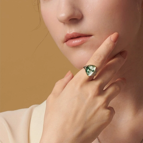 925 Sterling Silver Moss Agate Ring Vintage Geometric Triangle Natural Stone Engraved Botanical Fashion Jewelry For Women Gift