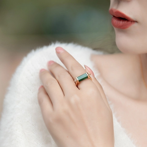S925 Sterling Silver Malachite Ring For Women Gold Plated Geometric Open Adjustable Rhinestone Fashion Jewelry Finger Ring