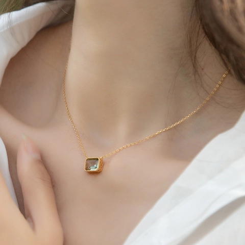 925 Sterling Silver Necklace With Geometric Synthetic Green Amethyst Pendant Gold Plated Fashion Jewelry For Women Daily Office