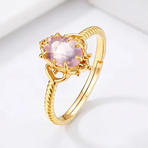 Anello Regolabile in Argento Sterling 925 Placcato Oro Vintage Con Corona e Quarzo Rosa Anello Aperto Elegante Con Gemma Ovale