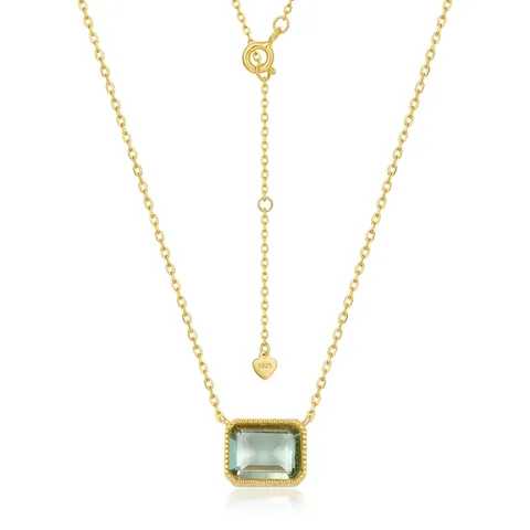 925 Sterling Silver Necklace With Geometric Synthetic Green Amethyst Pendant Gold Plated Fashion Jewelry For Women Daily Office
