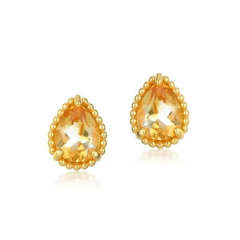 Eleganti Orecchini a Bottone a Goccia in Argento Sterling 925 Pietra Citrino Giallo Placcato Oro 10K per Donna