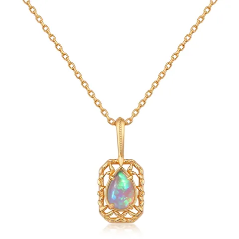 S925 Sterling Silver Synthetic Opal Pendant Necklace For Women Vintage Geometric Hollow Gold Plated Fashion Jewelry Gift