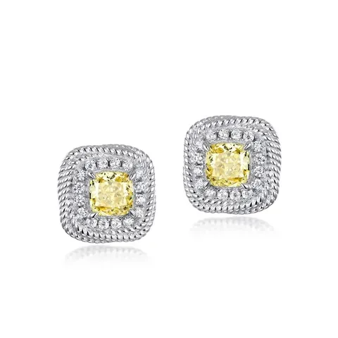 S925 Sterling Silver Square Halo Stud Earrings For Women Yellow Cushion Cut Rhinestone Radiant Geometric Jewelry Gift