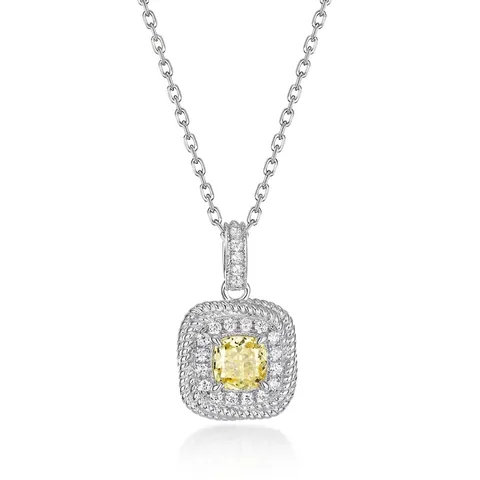 Luxurious 925 Sterling Silver Pendant Necklace Cushion Cut Yellow Zirconia Halo Pendant With Rhinestones Geometric Jewelry For Women