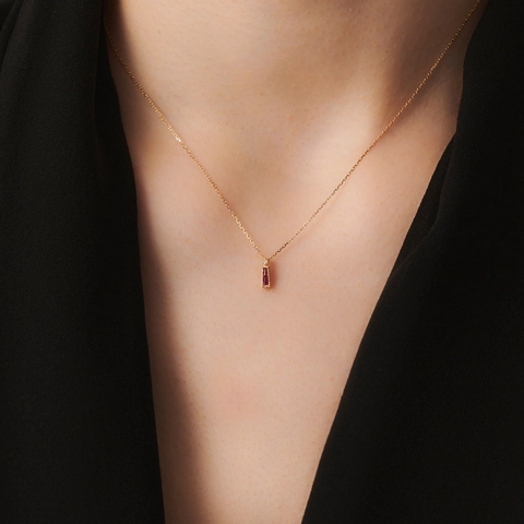 Ciondolo Solo Senza Catena in Argento Sterling 925 con Corindone Rosso Pendente Geometrico Rettangolare Donna Gioielli