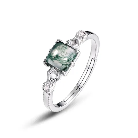 Bague Rétro en Argent Sterling 925 avec Agate Mousse pour Femme Carré Vintage Pierre Naturelle Verte Réglable Bague Ouverte Bijoux