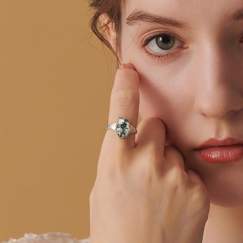 Vintage S925 Zilveren Mosagaat Verstelbare Open Ring Voor Dames Natuurlijke Groene Steen Blad Gegraveerd Sieraden Cadeau