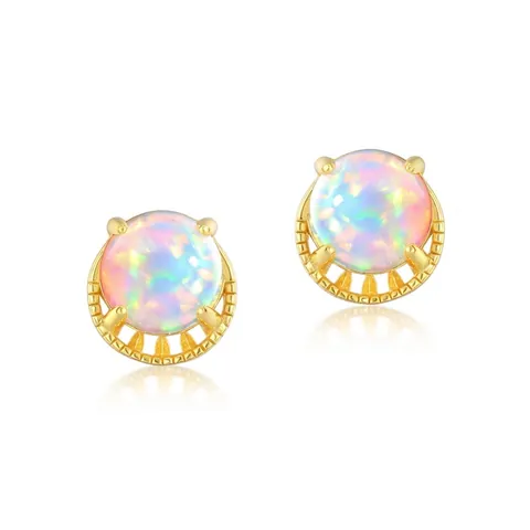 Boucles d'Oreilles Clous en Argent Sterling 925 Opale Synthétique Ronde Plaqué Or 10K Bijoux Géométriques pour Femmes
