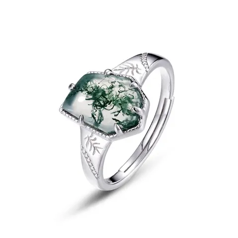Vintage S925 Zilveren Mosagaat Verstelbare Open Ring Voor Dames Natuurlijke Groene Steen Blad Gegraveerd Sieraden Cadeau