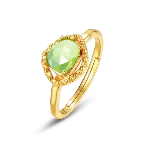 S925 Sterling Silver Peridot Ring Japanese Vintage Light Luxury Oval Green Gemstone Open Adjustable Gold Plated Finger Jewelry