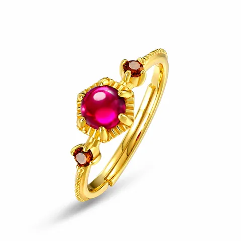 Anillo Abierto de Plata de Ley 925 Bañado en Oro 10K Corindón Rojo Cuarzo Ahumado Vintage Geométrico Ajustable Mujer