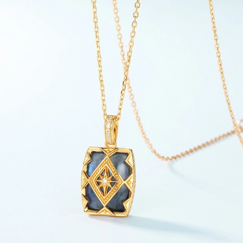 Vintage Court Style S925 Sterling Silver Labradorite Pendant Necklace Gold Plated Starburst Rhinestone Clavicle Chain Jewelry