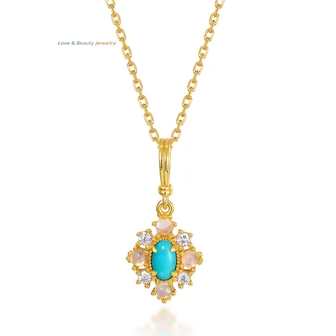 Vintage S925 Sterlingsilber Natürlicher Türkis Anhänger Halskette 10K Vergoldet Strass Blume Damen Mode Schmuck