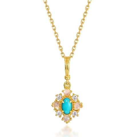 Vintage S925 Sterlingsilber Natürlicher Türkis Anhänger Halskette 10K Vergoldet Strass Blume Damen Mode Schmuck