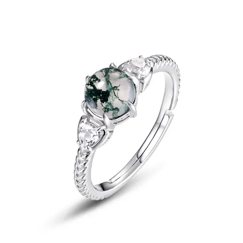 S925 Sterling Silver Moss Agate Ring For Women Vintage Geometric Round Green Moss Agate Adjustable Open Ring Jewelry Gift