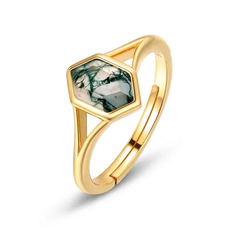 S925 Sterling Silver Hexagon Moss Agate Adjustable Ring For Women Simple Geometric Natural Stone Green Gemstone Ring Jewelry Gift