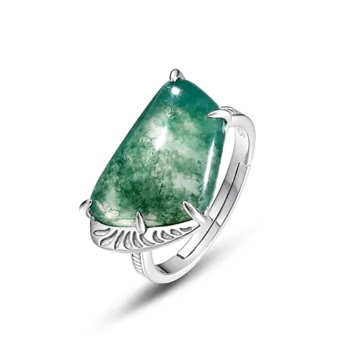 Vintage 925 Sterling Silver Moss Agate Ring Exaggerated Geometric Adjustable Open Ring For Women Retro Fine Jewelry Gift