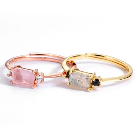 S925 Sterling Silver Natural Labradorite Rose Quartz Open Ring For Women Gold Rose Gold Geometric Rectangle Adjustable Ring Fashion Jewelry