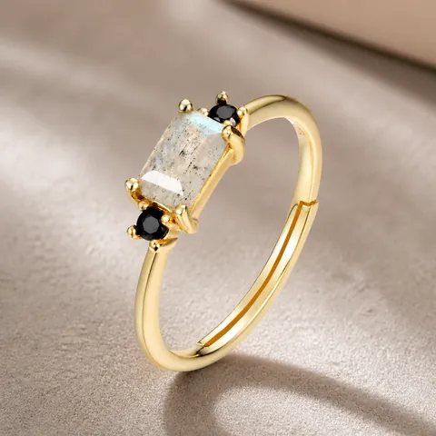 S925 Sterling Silver Natural Labradorite Rose Quartz Open Ring For Women Gold Rose Gold Geometric Rectangle Adjustable Ring Fashion Jewelry