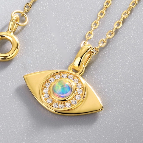 Collana con Pendente Malocchio in Argento Sterling S925 Opale Sintetico Zirconia Placcata Oro 10K Gioielli da Donna