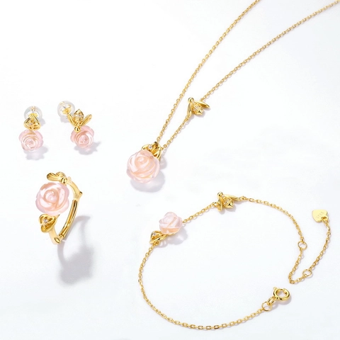 Collana con Rosa e Ape in Argento Sterling 925 per Donna Quarzo Rosa Naturale Zirconia Placcata Oro Gioiello