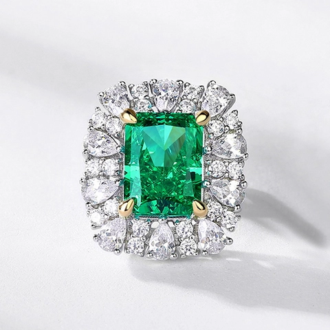 Elegant 925 Sterling Silver Emerald Green Rhinestone Halo Stud Earrings And Ring Vintage Geometric Jewelry For Women Gift