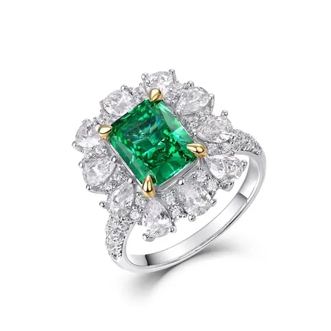 Lussuoso Anello in Argento Sterling 925 Strass Verde Smeraldo per Donna Elegante Gioiello a Fiore Quadrato Ciondolo a Doppio Uso