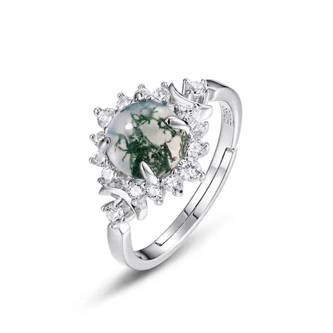 Vintage 925 Sterling Silver Ring For Women Green Moss Agate Open Adjustable Sunflower Finger Ring With Rhinestone Accents Fashion Jewelry Gift