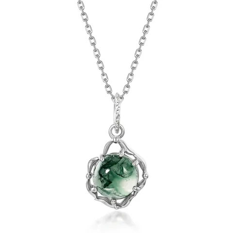Vintage 925 Sterling Silver Moss Agate Pendant Necklace Elegant Round Green Natural Stone Vine Design For Women Gift Jewelry